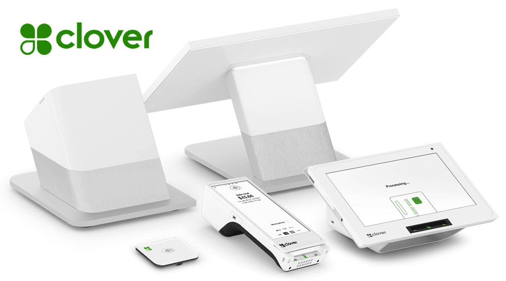 Clover POS hardware lineup — station with display, mobile terminal, and card reader