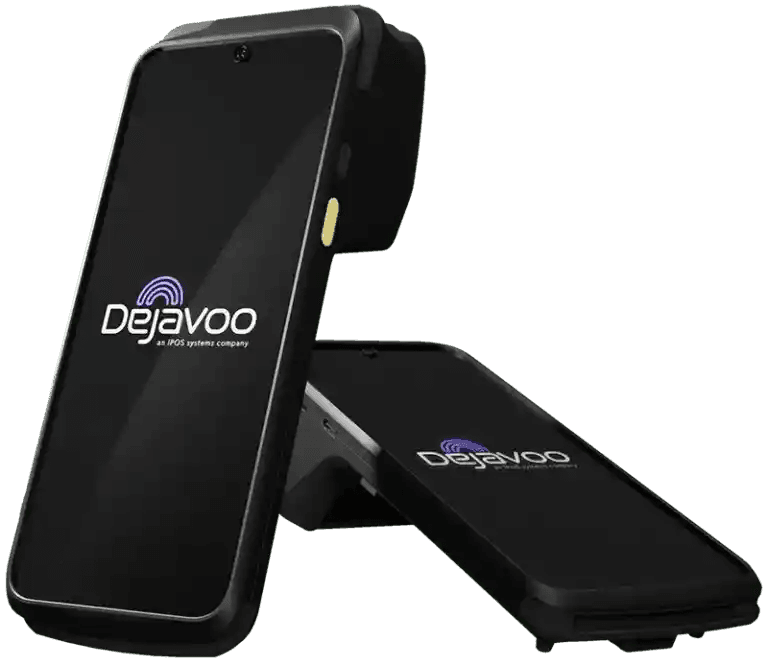 Two Dejavoo smart payment terminals — Android-powered handhelds with color touchscreens