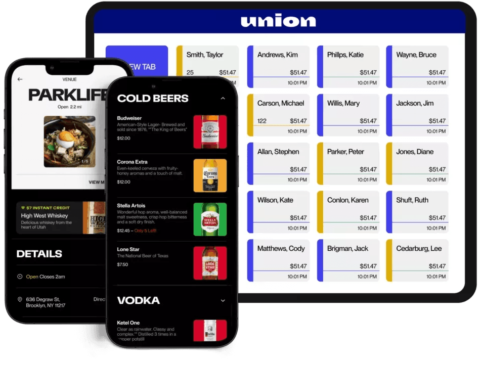 Union POS interface shown on a tablet and a phone, with menu items and order details